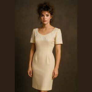 80s Pastel Yellow Mini Dress Embroidered Short Sleeve Scoop Neckline Fitted